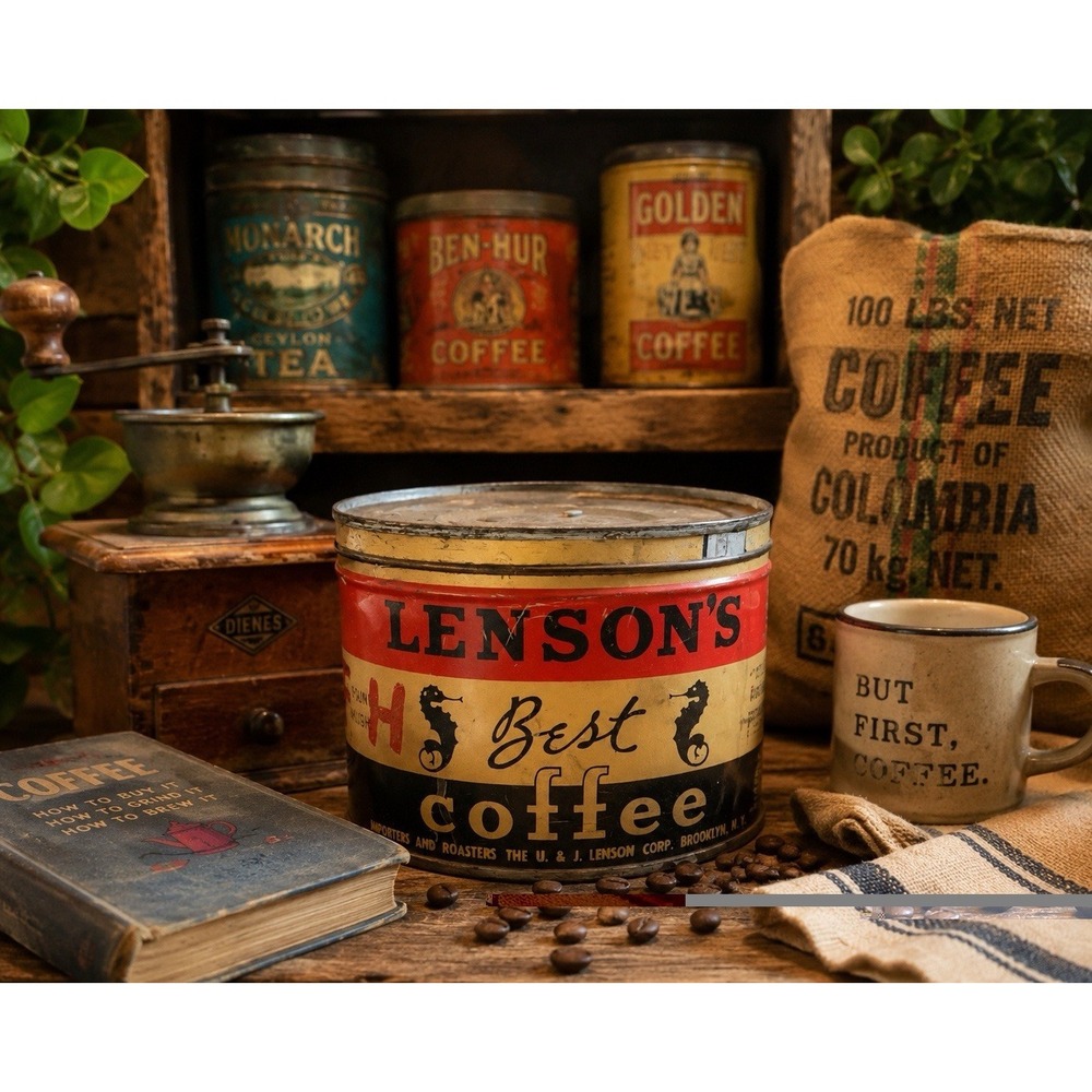 Lenson's Best Coffee Tin Can Seahorse Advertising U & J Lenson Brooklyn NY VTG
